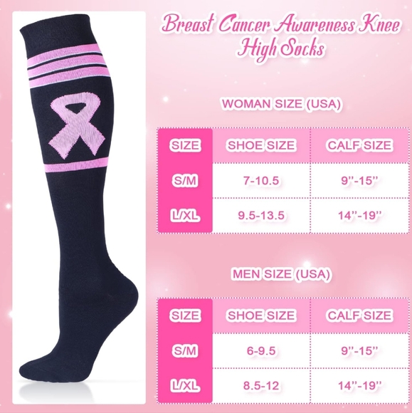 Pink Breast Cancer Awareness Ribbon Knee High Compression Socks - Picture 3 of 4
